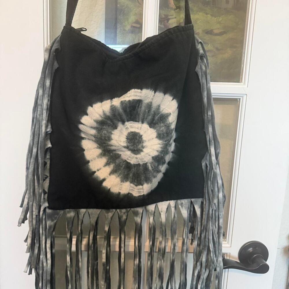 Black and white tie dye fringe crossbody purse handbag
